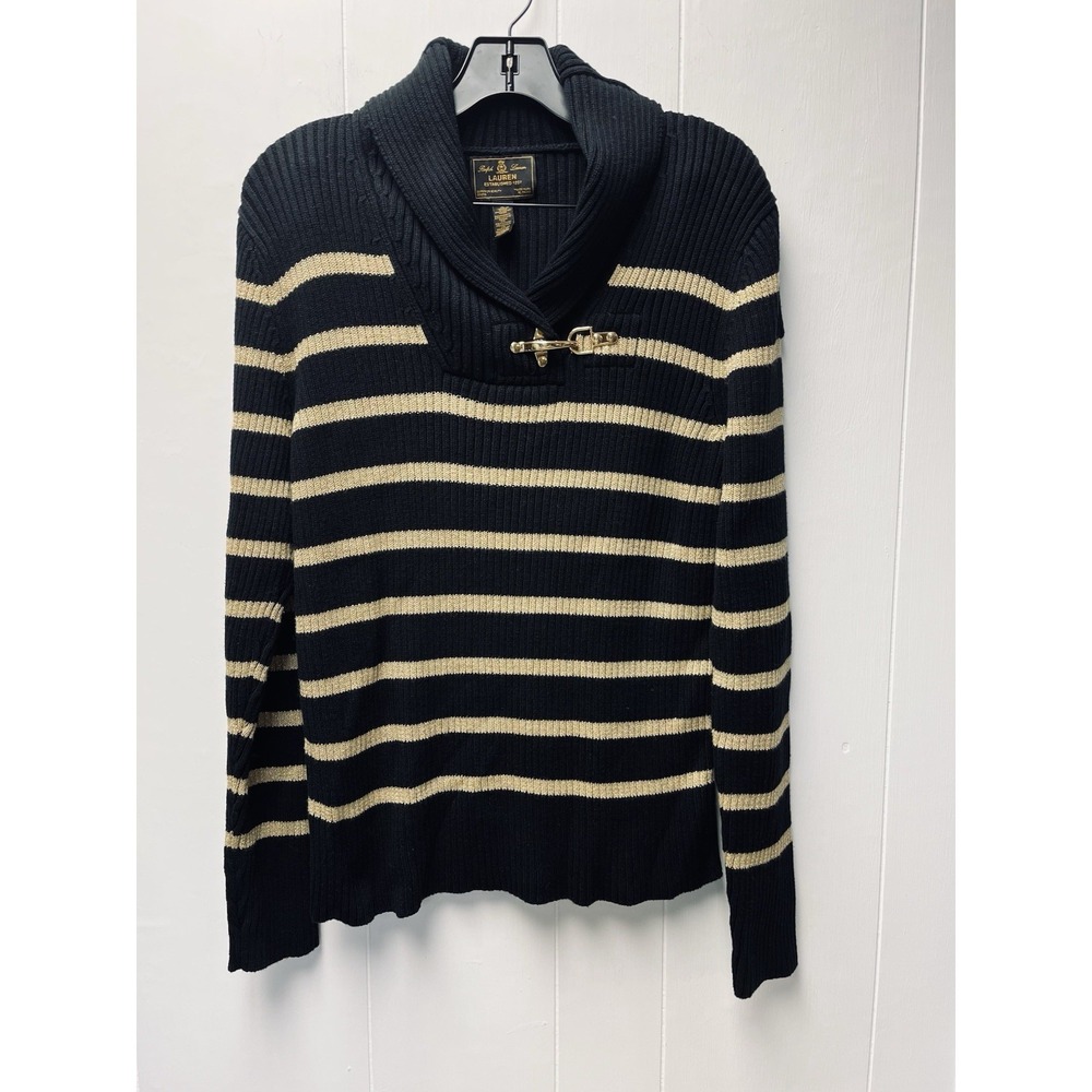 Lauren Ralph Lauren XL Black Gold Sweater Metallic Shawl Nautical Buckle Preppy